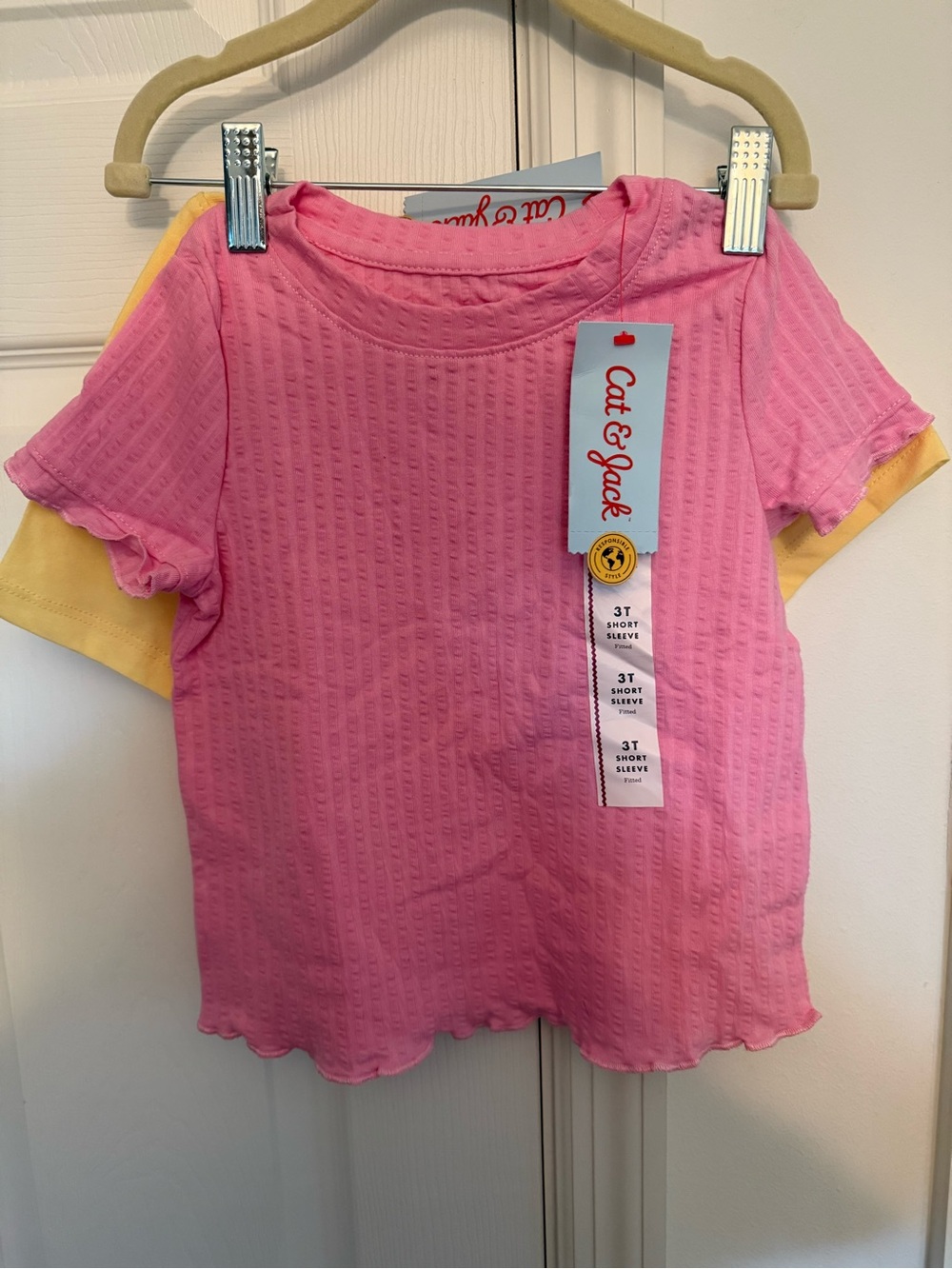 Cat & Jack Pink Ribbed Short Sleeve Tee with Ruffle Hem and Yellow Summer Tee 3T